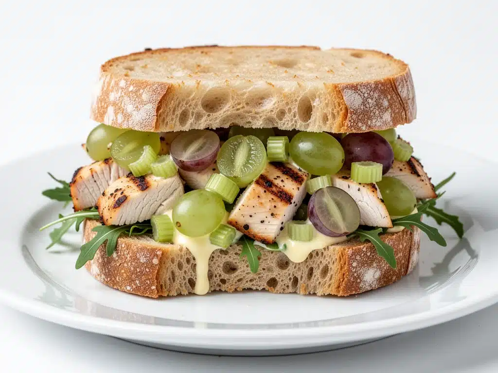 creamy grilled chicken salad sandwich with grapes - featured image